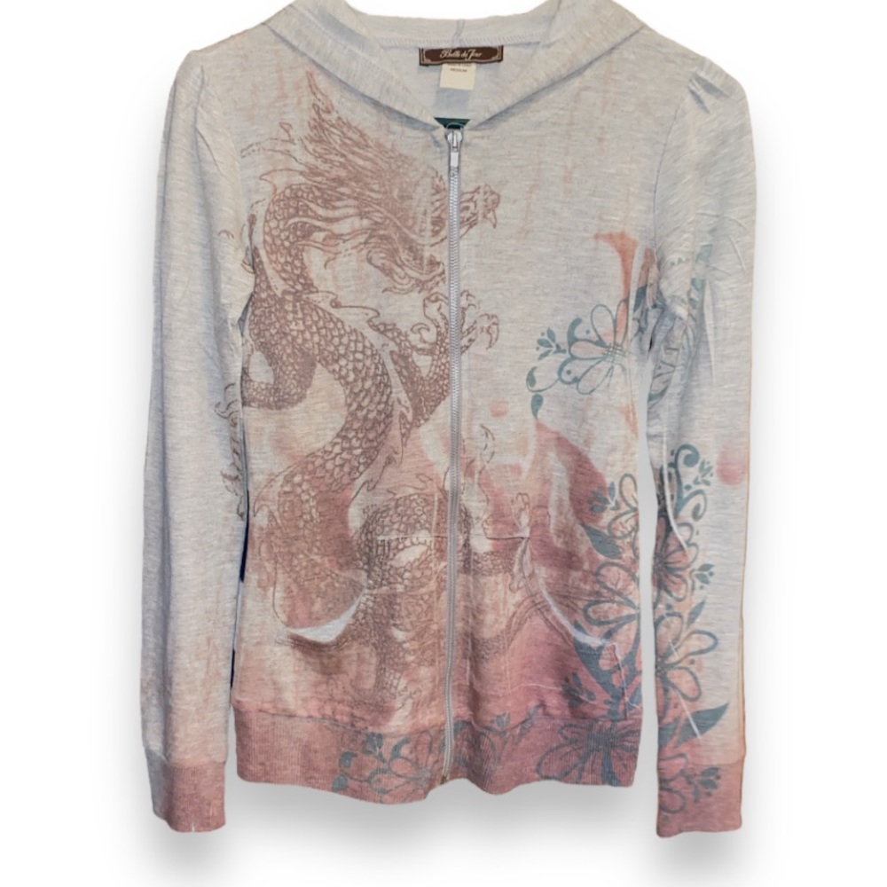 BELLE DU JOUR Vintage Lightweight Red Dragon Graphic Knit Full Zip Hoodie Medium